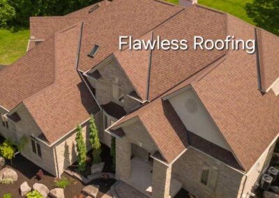 complicated shingle roof install, aerial photo